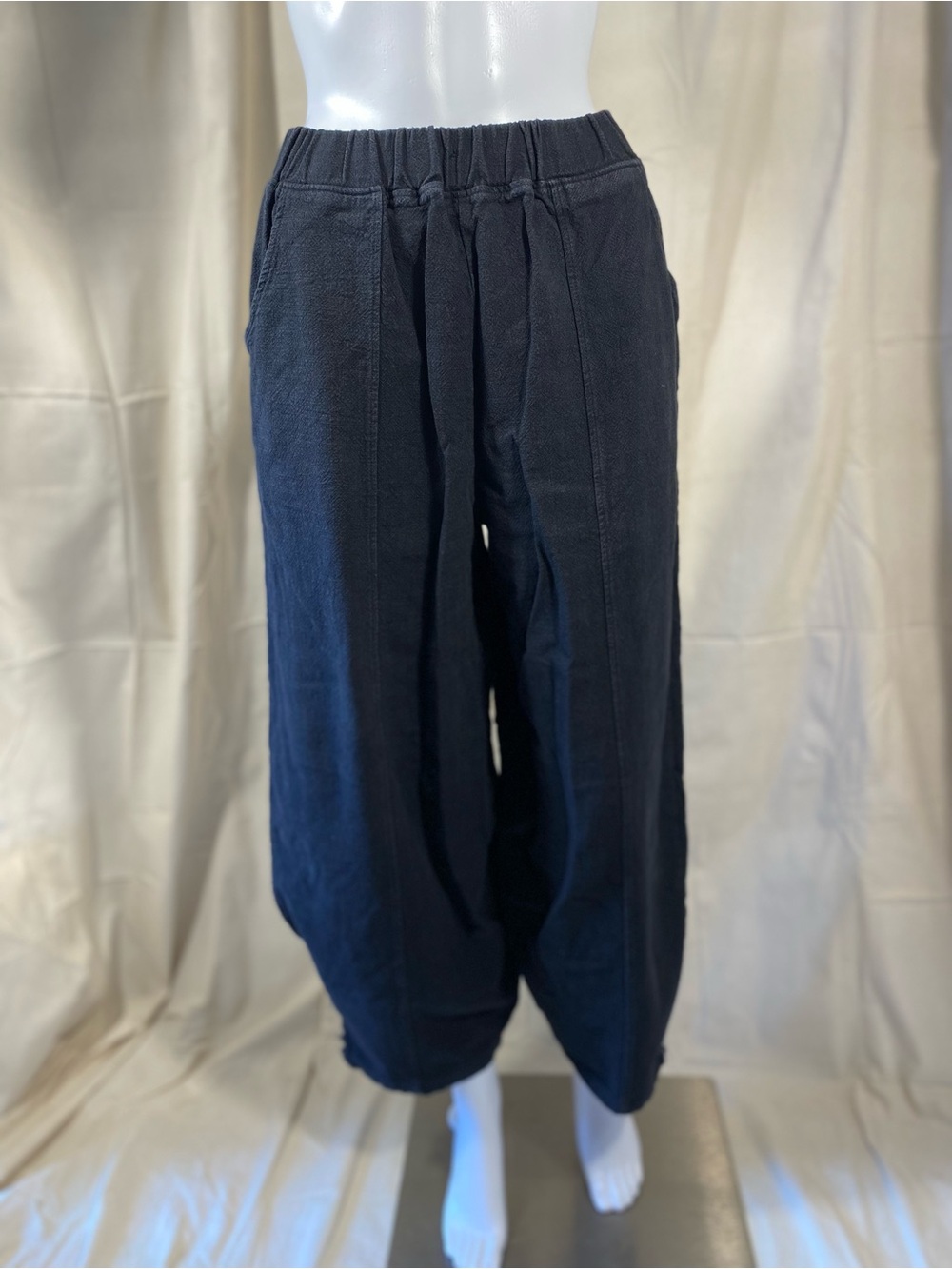 Black Linen Cotton Blend Barrel Leg Pants
